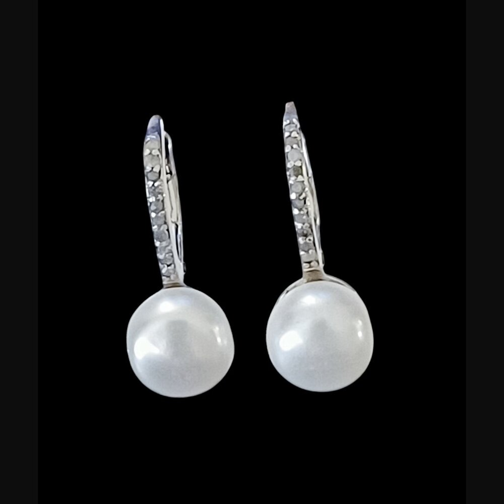 925 Sterling Silver Diamond 8.4mm Natural Pearl 22mm Long Earrings